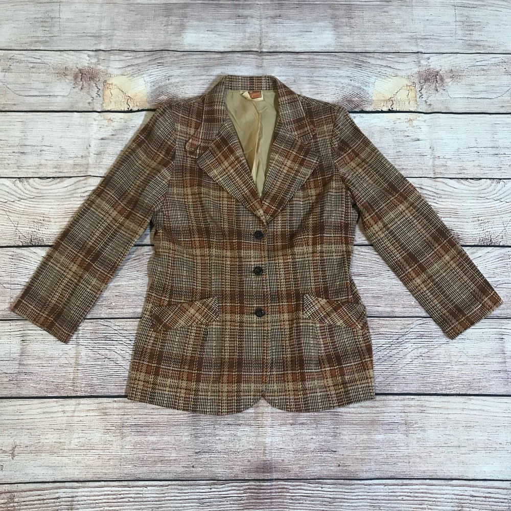 Vintage 70s brown, tan,  and  burnt orange plaid blazer
